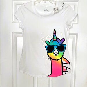 NWT Girls Justice Size 14/16 White Short Sleeve "Besties" Top w/Llama Unicorn‎